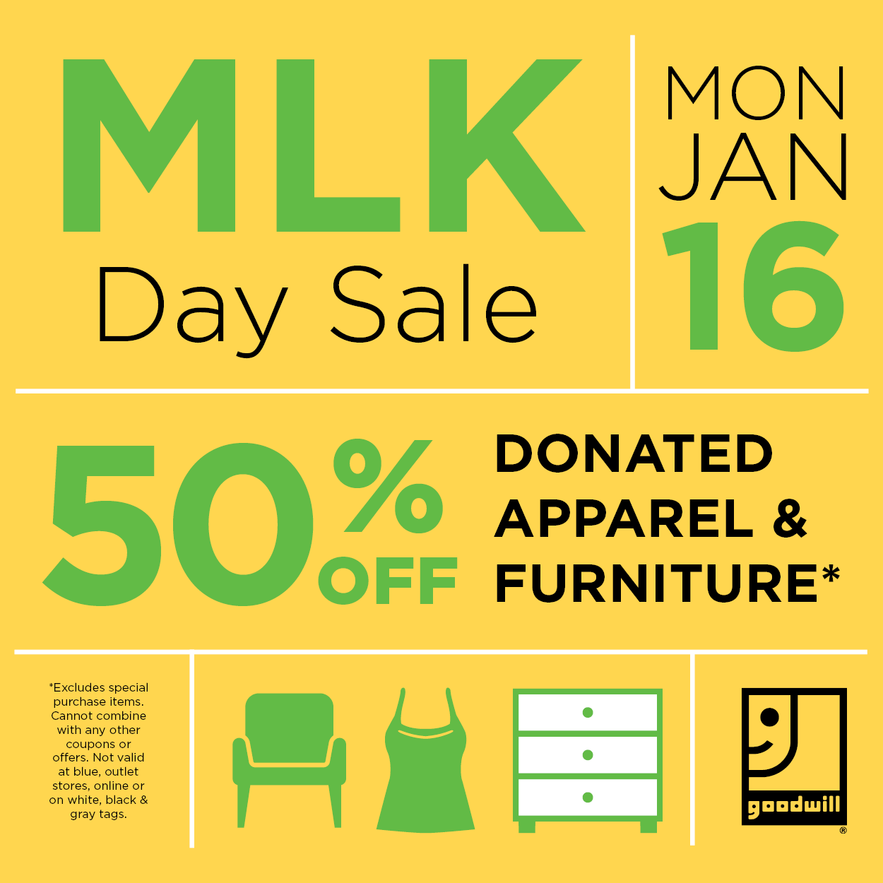 MLK Day Sale on Jan 16 50 off donated apparel and furniture